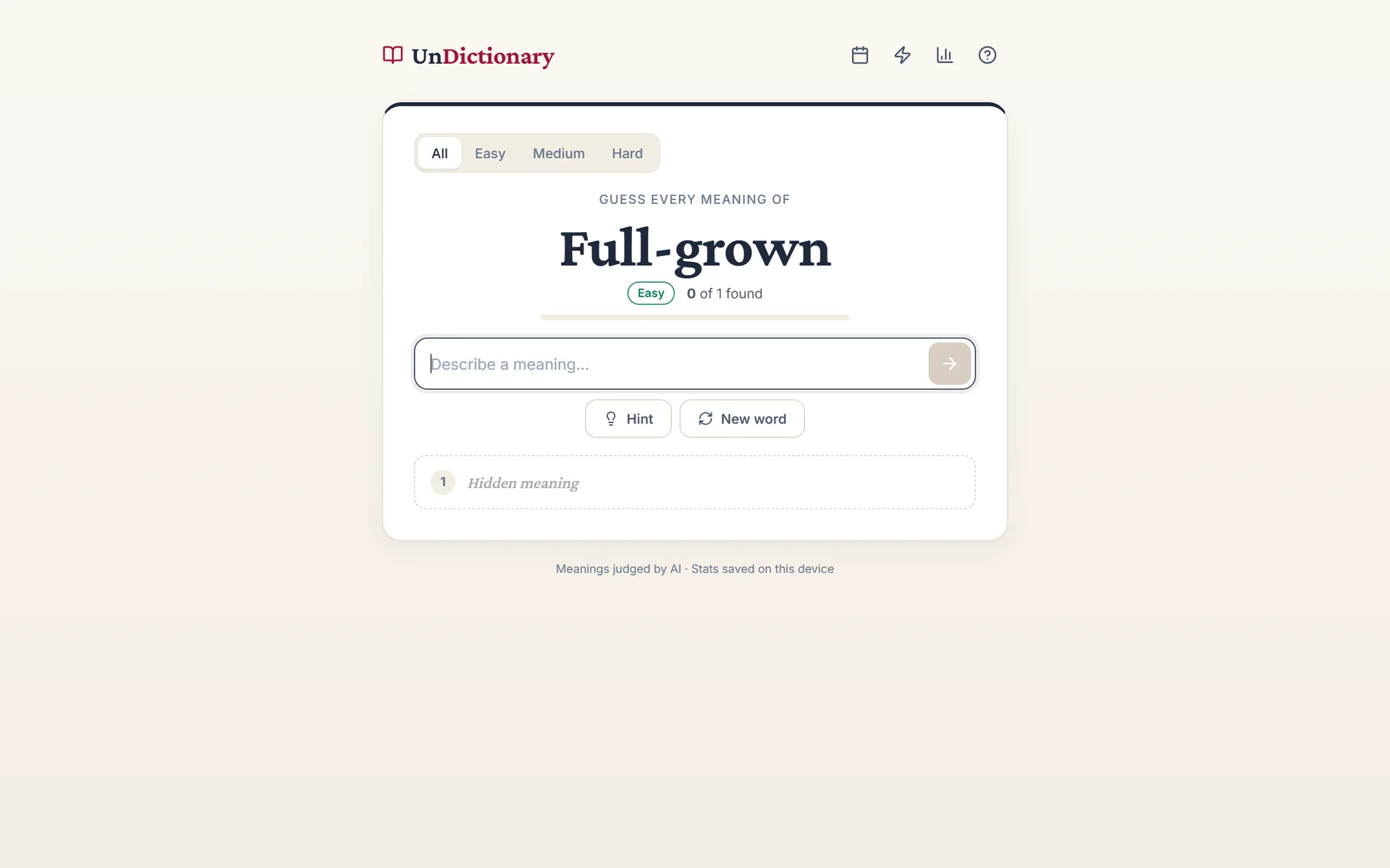 UnDictionary game round: a word, its difficulty, and hidden meanings for the player to describe in their own words